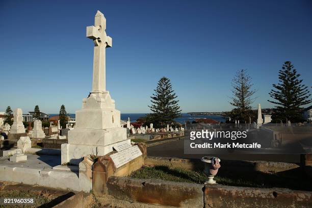 Victor Trumper's grave at Waverley Cemetery on July 25, 2017 in Sydney, Australia. The Australian batsman Victor Thomas Trumper was born on November...