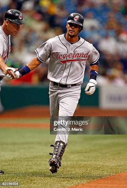 Outfielder Franklin Gutierrez of the Cleveland Indians rounds the bases after his first inning home run against the Tampa Bay Rays during the game on...