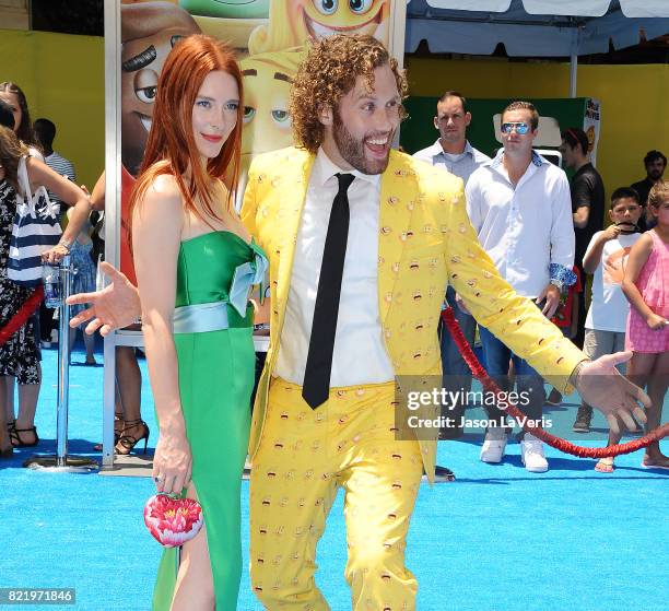 Actor T.J. Miller and wife Kate Gorney attend the premiere of "The Emoji Movie" at Regency Village Theatre on July 23, 2017 in Westwood, California.