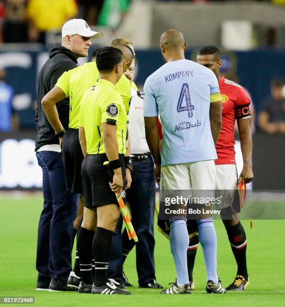 Watt of the Houston Texans was on hand to toss the opening coin between Manchester City and Manchester United at NRG Stadium on July 20, 2017 in...