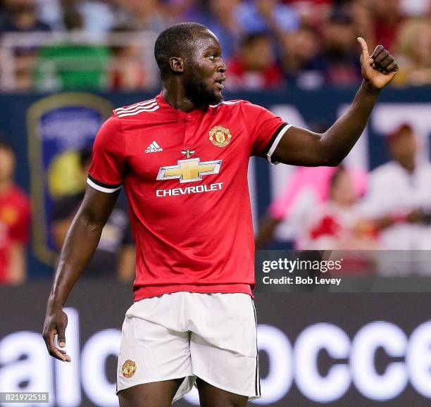 Romelu Lukaku of Manchester United gives a thumbs up to his teammate against Manchester City at NRG Stadium on July 20, 2017 in Houston, Texas.