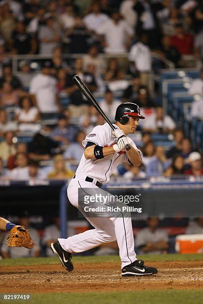 Grady Sizemore of the Cleveland Indians hits during the 79th MLB All-Star Game at the Yankee Stadium in the Bronx, New York on July 15, 2008. The...