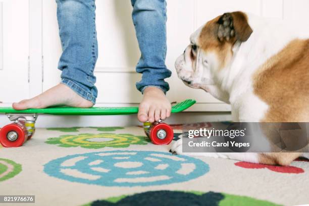 low section  of young boy skateboarding at home with dog - skater boy hair stock pictures, royalty-free photos & images