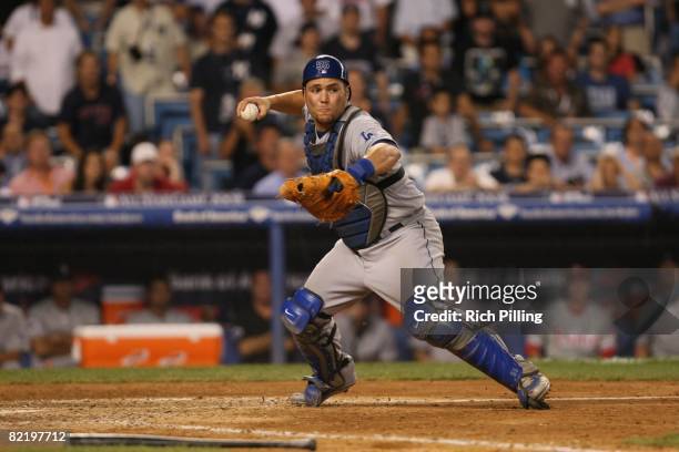 Russell Martin of the Los Angeles Dodgers prepares to throw during the 79th MLB All-Star Game at the Yankee Stadium in the Bronx, New York on July...