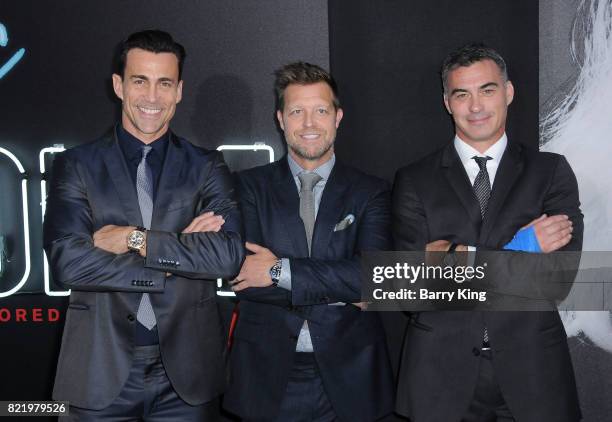 Actor Daniel Bernhardt, director David Leitch and producer AJ Dix attend the premiere of Focus Features' 'Atomic Blonde' at The Theatre at Ace Hotel...