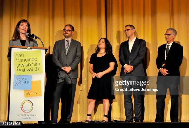 Producers Diane Weyermann and Richard Berge, Co-Directors Bonni Cohen and Jon Shenk, and Program Director Jay Rosenblatt appear onstage at a special...