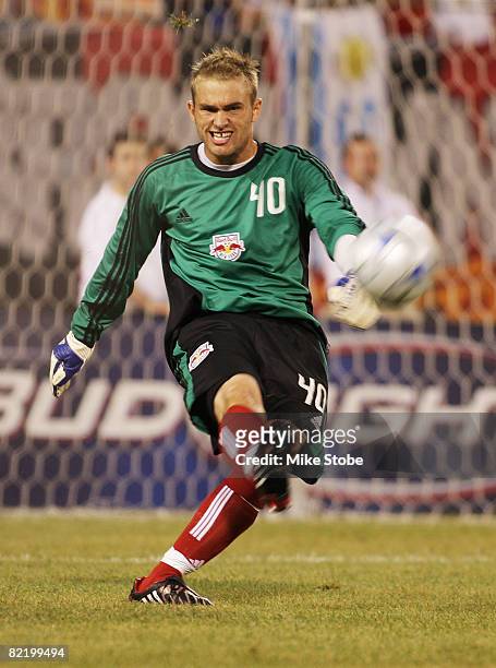 Goalkeeper Caleb Patterson-Sewell of the New York Red Bulls kicks the ball down field against FC Barcelona at Giants Stadium August 6, 2008 in East...