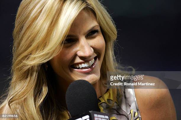 Reporter Erin Andrews during a game between the New York Yankees and the Texas Rangers on August 6, 2008 at Rangers Ballpark in Arlington, Texas.