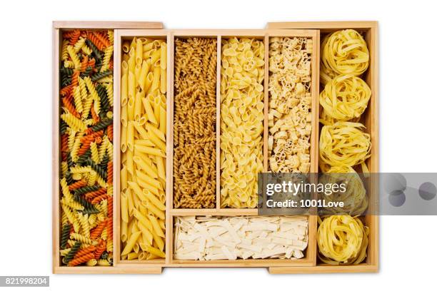 variety of pasta isolated on white - mac-and-cheese-box stock pictures, royalty-free photos & images