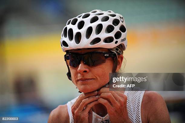 Colombia's cycling Maria Luisa Calle gets ready for a training session at the Laoshan Velodrome on August 7, 2008 in Beijing. The 2008 Beijing...