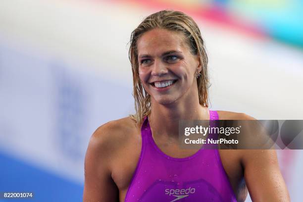 Russia's Yuliya Efimova reacts after competing in a women's 100m breaststroke semi-final during the swimming competition at the 2017 FINA World...