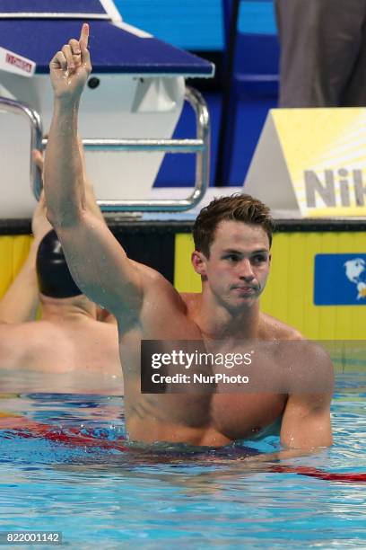 Great Britain's Benjamin Proud reacts after competing the men's 50m butterfly final during the swimming competition at the 2017 FINA World...