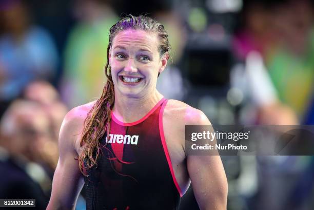 Katinka Hosszu reacts after the Women's 200m Individual Medley Final on day eleven of the Budapest 2017 FINA World Championships on July 24, 2017 in...