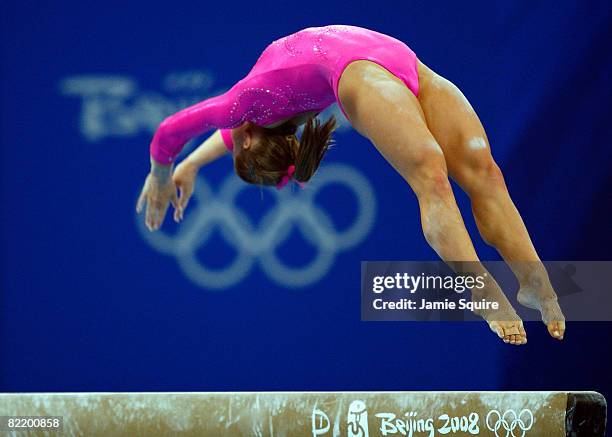 Shawn Johnson of the USA practices on the balance beam ahead of the Beijing 2008 Olympic Games in the National Indoor Stadium on August 7, 2008 in...