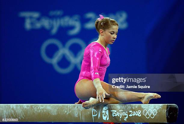 Shawn Johnson of the USA practices on the balance beam in the National Indoor Stadium ahead of the Beijing 2008 Olympic Games on August 7, 2008 in...