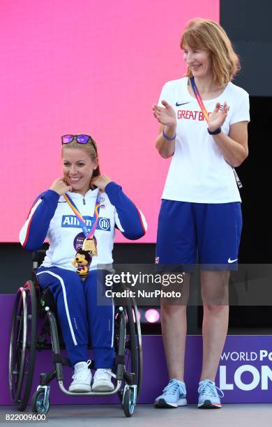 Hannah Cockcroft of Great Britain with Coach Women's 400m T34 during World Para Athletics Championships at London Stadium in London on July 21, 2017