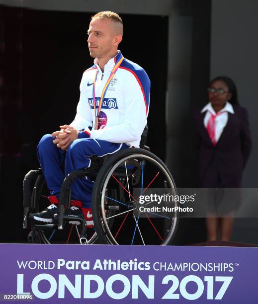 Richard Chiassaro of Great Britain receive his Bronze medal Men's 400m T54 Final during World Para Athletics Championships at London Stadium in...