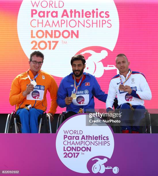 Kenny van Weeghel of Nederland Silver Medal, Yassine Gharbi of Tunsia Gold Medal Richard Chiassaro of Great Britain receive his Bronze medal Men's...