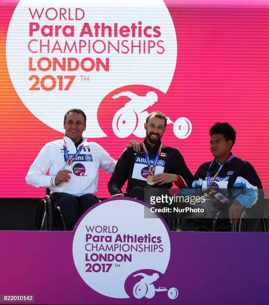 Pierre Fairbank of France Silver Medal, Brent Lakatos of Canada Gold Medal Pongsakorn Paeyo of Thailand receive his Bronze medal Men's 800m T53 Final...