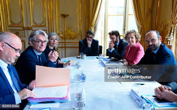 French Force Ouvriere labour union General Secretary Jean-Claude Mailly and federal secretary Michel Beaugas attend a meeting with French Prime...