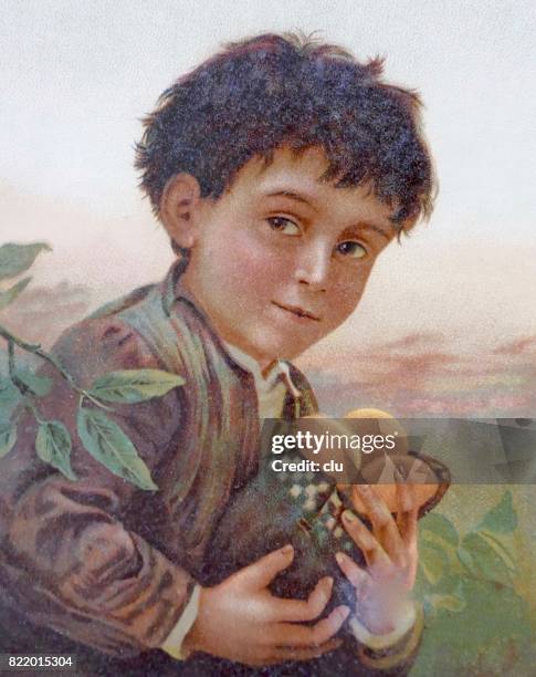 ilustraciones, imágenes clip art, dibujos animados e iconos de stock de muchacho con una bolsa llenada de frutas - siglo xvi ilustraciones de stock