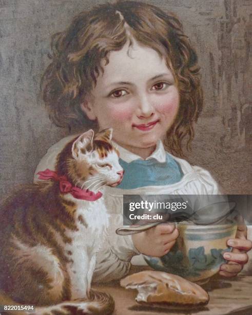 girl eating soup having her cat on the table - 16th century stock illustrations stock illustrations