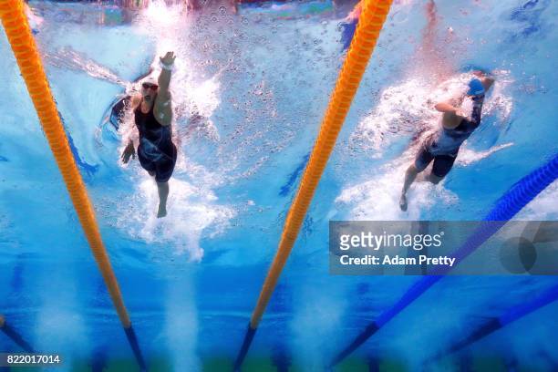 Veronika Popova of Russia and Katie Ledecky of the United States competes during the Women's 200m Freestyle heats on day twelve of the Budapest 2017...