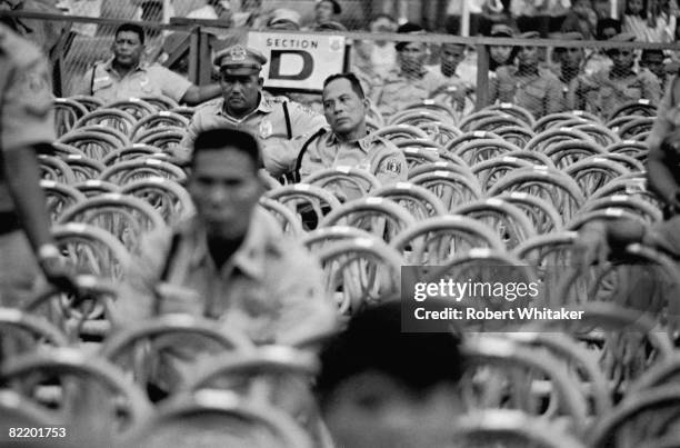 An unusually empty section of the seating, probably reserved for dignitaries, at the Rizal Memorial Football Stadium, Manila, Philippines, before a...