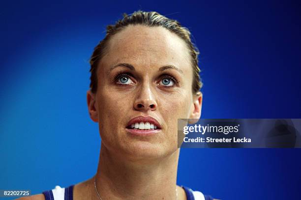 Amanda Beard of the United States prepares to practice ahead of the Beijing 2008 Olympics at the National Aquatics Center on August 7, 2008 in...