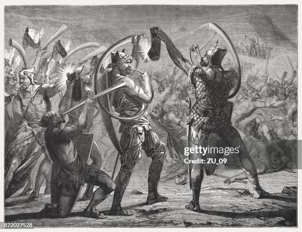 illustrazioni stock, clip art, cartoni animati e icone di tendenza di gideon's battle against the midianites (giudici 7, 20), pubblicato nel 1886 - antica civiltà