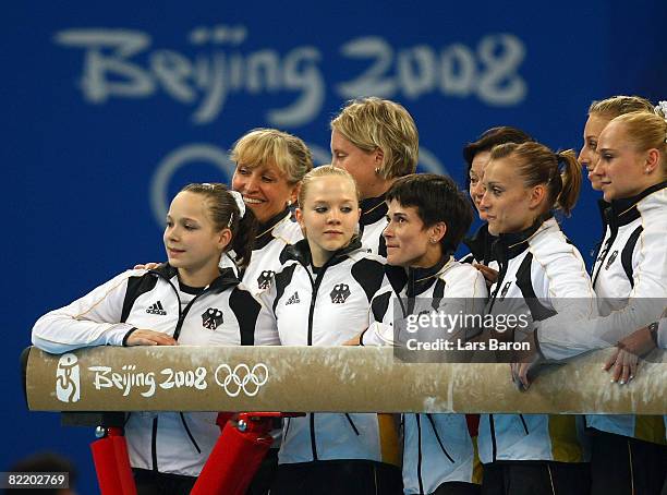 Joeline Moebius, Anja Brinker, Oksana Aleksandrovna Chusovitina and Daria Eva Bijak and the rest of the German women's gynastics team pose at...