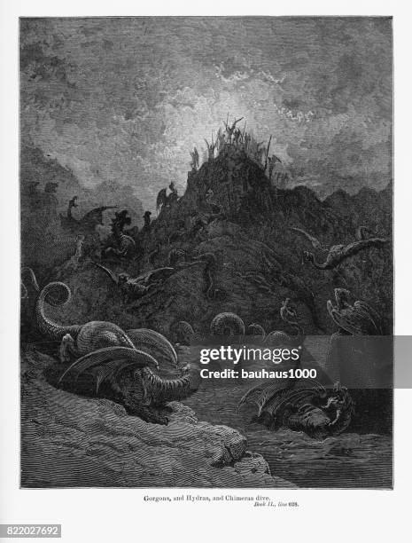 gorgonen, und hydras und chimären tauchen viktorianischen gravur, 1885 - adam bibelfigur stock-grafiken, -clipart, -cartoons und -symbole