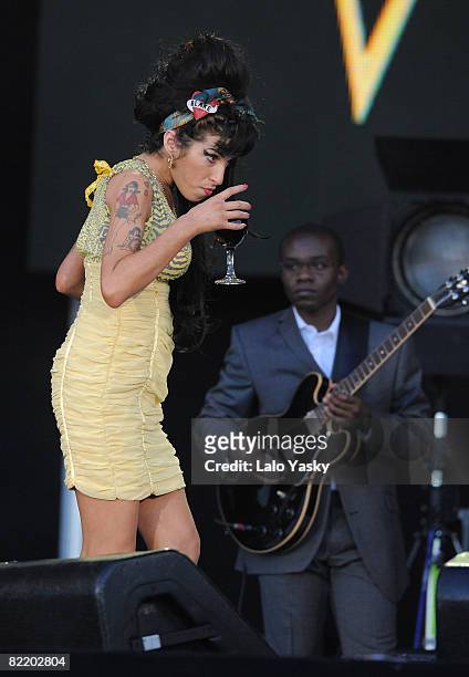 Singer Amy Winehouse performs at Rock in Rio Madrid in Arganda del Rey on July 4, 2008 in Madrid, Spain.