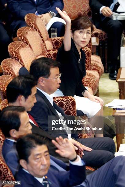 Defense Minister TOmomi Inada raises her hand to respond to questions during the Upper House Budget Committee on July 25, 2017 in Tokyo, Japan. Under...