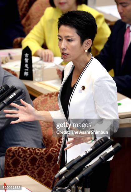 Opposition Democratic Party leader Renho questions to Prime Minister Shinzo Abe during the Upper House Budget Committee on July 25, 2017 in Tokyo,...