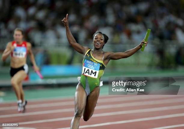 Veronica Campbell of Jamaica in the Women's 4x100m Relay Final in Olympic Stadium at the Athens 2004 Olympic Games in Athens Greece on August 27,...