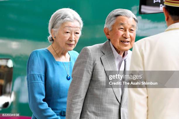 Emperor Akihito and Empress Michiko are seen on departure for the Nasu Imperial Villa at Tokyo Station on July 24, 2017 in Tokyo, Japan.