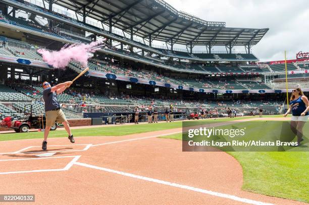 Star 94 Father's Day Gender Reveal on field presentation before the game against the Miami Marlins at SunTrust Park on June 18, 2017 in Atlanta,...