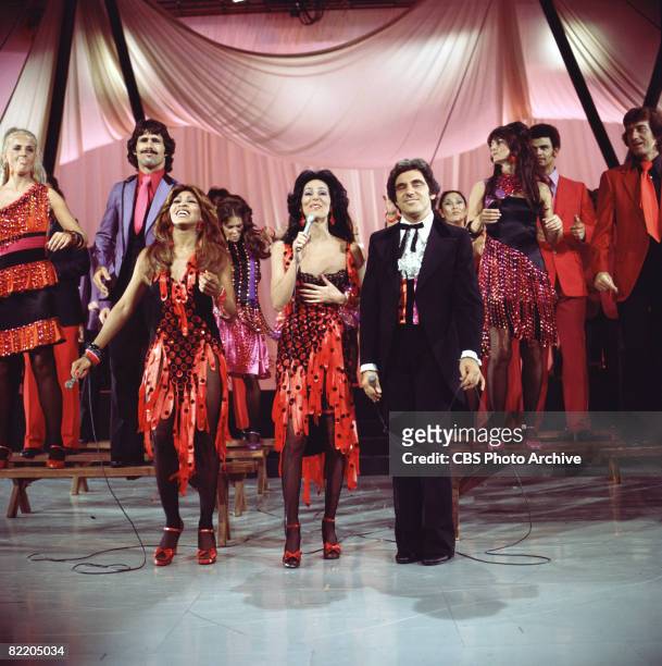 American actress and singers Tina Turner and Cher, perform with British actor and singer Anthony Newley , and a large ensembled cast, on the...