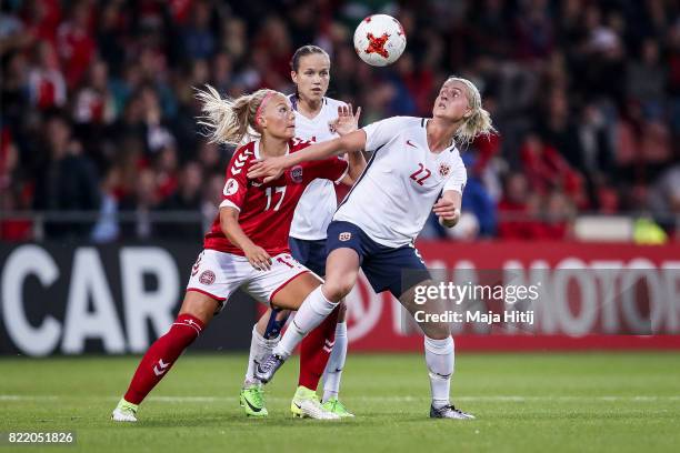 Line Johansen od Denmark and Kristine Minde of Norway battle for the ball during the Group A match between Norway and Denmark during the UEFA Women's...