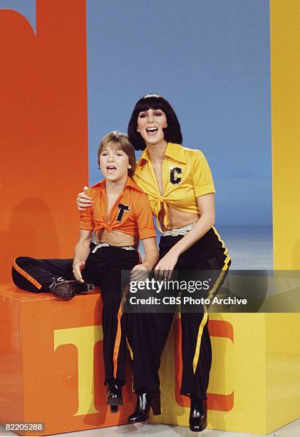 American child actrss Tatum O'Neal and singer/actress Cher appear together in coordinated outfits on the television variety show 'The Sonny & Cher...