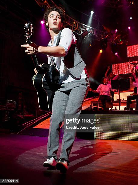 Kevin Jonas of the Jonas Brothers performs live in concert at the Riverbend Music Center on July 28, 2008 in Cincinnati, Ohio.