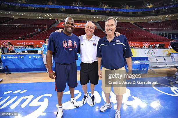 Assistant Coaches Nate McMillan, Jim Boeheim and Mike D'Antonio of the U.S. Men's Senior National Team poses for a photo during practice prior to the...