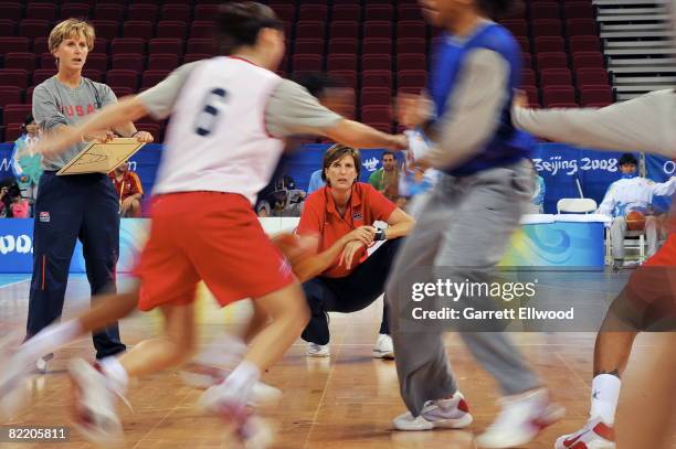 Head Coach Anne Donovan of the U.S. Women's Senior National Team watches over practice at the 2008 Beijing Summer Olympics on August 7, 2008 at the...