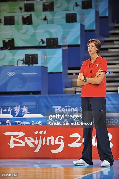 Head Coach Anne Donovan of the U.S. Women's Senior National Team watches practice at the 2008 Beijing Summer Olympics on August 7, 2008 at the...