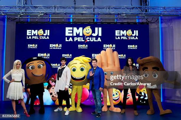 Macarena Gomez, Quim Gutierrez, Carlos Latre and Mario Vaquerizo attend 'Emoji La Pelicula' photocall at La Casa del Lector on July 25, 2017 in...