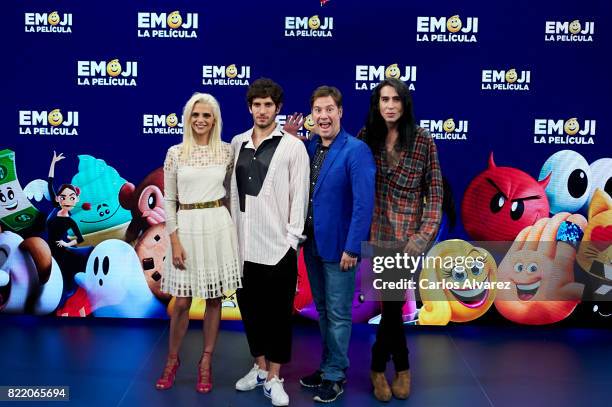 Macarena Gomez, Quim Gutierrez, Carlos Latre and Mario Vaquerizo attend 'Emoji La Pelicula' photocall at La Casa del Lector on July 25, 2017 in...