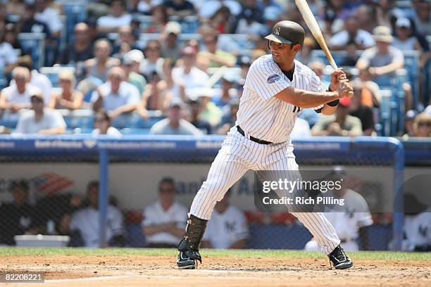 Jorge Posada of the New York Yankees bats during the game against the Oakland Athletics at Yankee Stadium in the Bronx, New York on July 19, 2008....