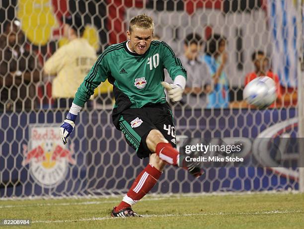 Goalkeeper Caleb Patterson-Sewell of the New York Red Bulls kicks the ball down field against FC Barcelona at Giants Stadium in the Meadowlands on...