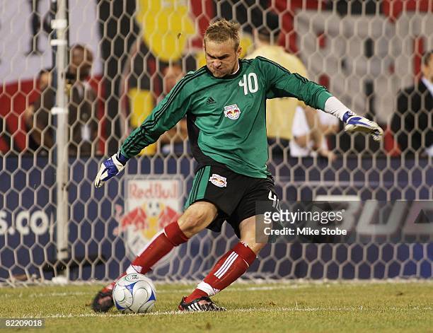 Goalkeeper Caleb Patterson-Sewell of the New York Red Bulls kicks the ball down field against FC Barcelona at Giants Stadium in the Meadowlands on...